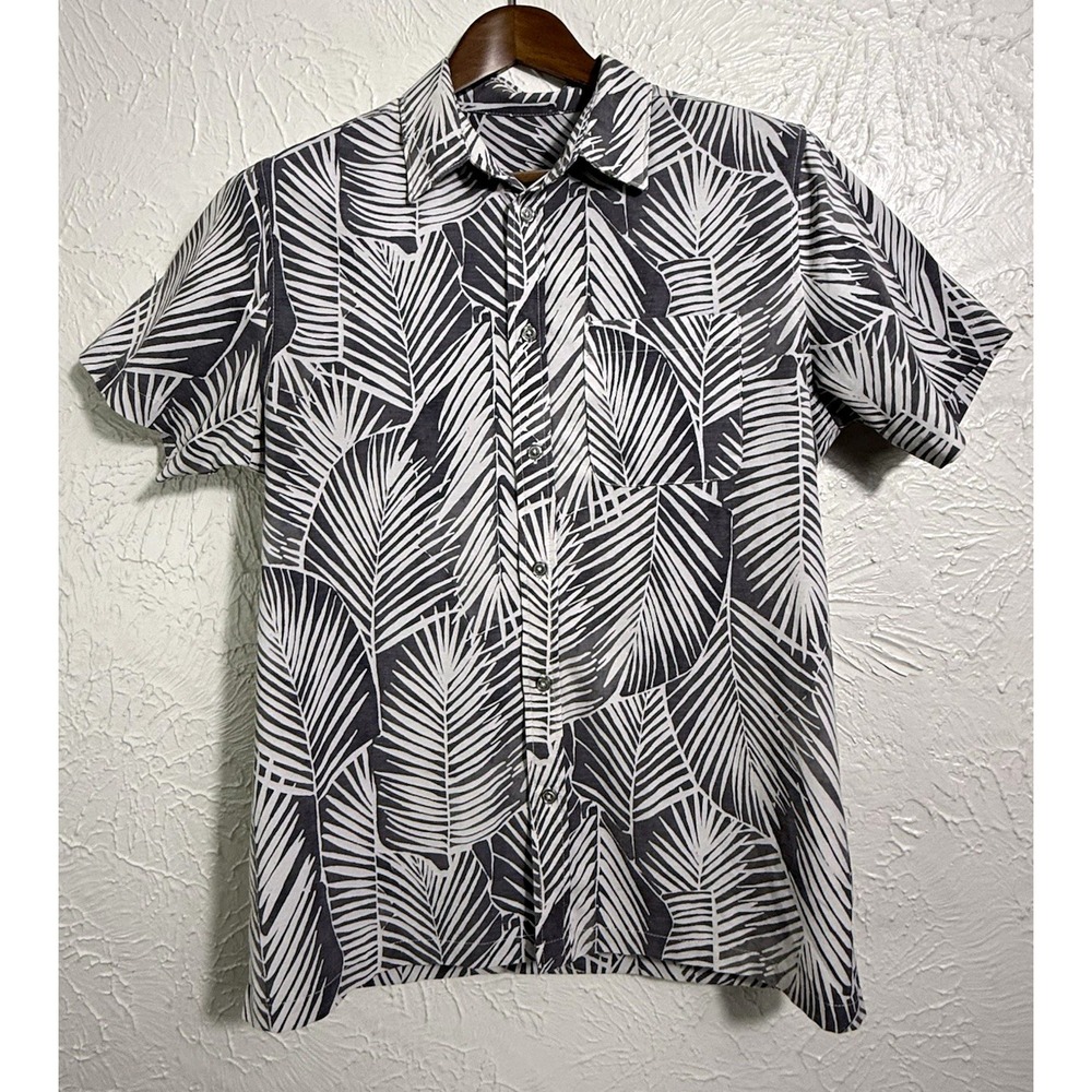 Vuori Men M Tropical Palm Leaf Print Gray White Cotton Short Slv Button Shirt